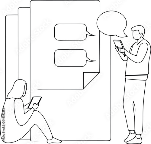 Foto People using tablet devices with speech bubbles for digital communication concept line art
