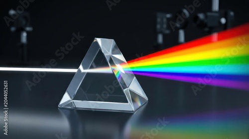 Triangular Glass Prism Refracting Light into Vibrant Rainbow Spectrum.