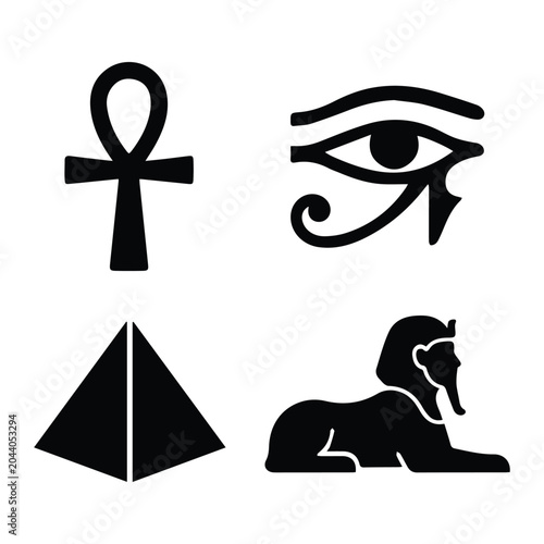 Bild auf Leinwand Ancient Egypt set — pyramid, sphinx, ankh, eye of horus icon Silhouette Vector b