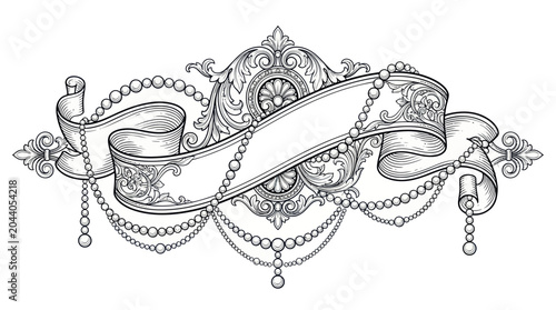 Bild auf Leinwand Vintage Ornate Scroll Banner with Pearls, Decorative Victorian Emblem