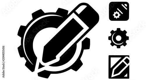 Design Tools Gear Pencil Graphic. Stylized black-and-white graphic featuring a gear with a pencil overlapping diagonally, accompanied by smaller icons of wrench, gear, and pencil in square.