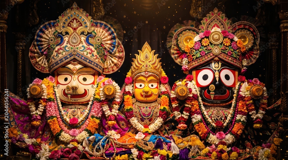 Fototapeta premium Divine deities jagannath baladeva and subhadra adorned with ornate jewelry and colorful floral garlands