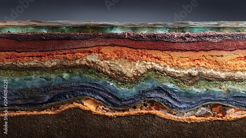 Layered sedimentary rock formations in deep red and green hues