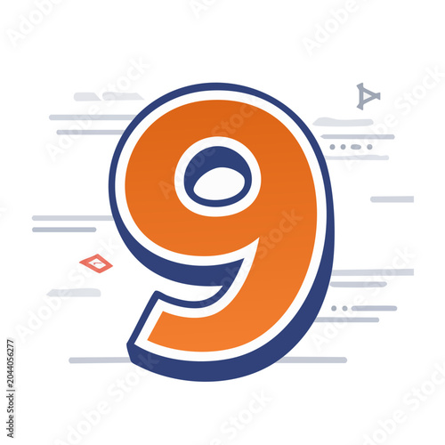 Orange and blue number 9 icon with abstract background elements