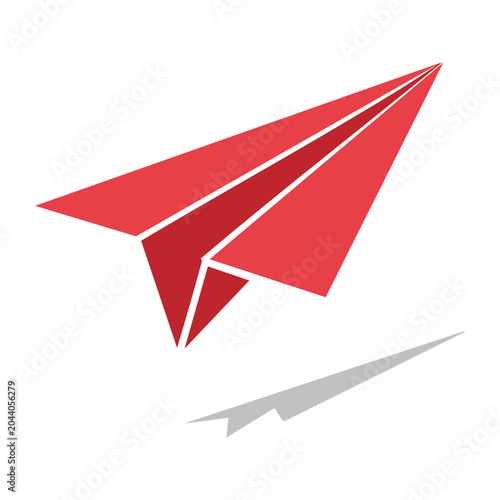 Red paper airplane flying with shadow