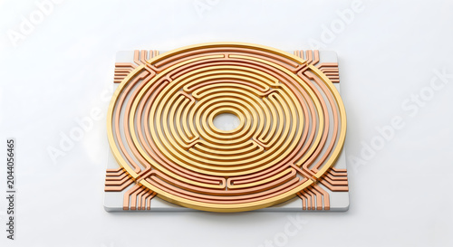 Electronic wireless charging coil module isolated on white background for modern technology hardware.