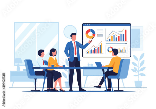 Schilderij op canvas Flat style vector illustration of a businessman presenting growth charts during