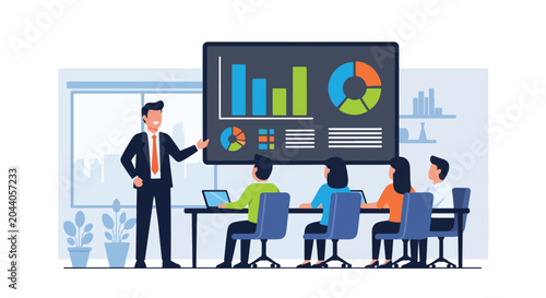 Bild auf Leinwand Flat style vector illustration of a businessman presenting growth charts during