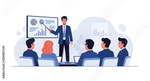 Bilde på lerret Flat style vector illustration of a businessman presenting growth charts during