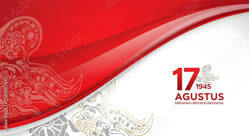 Celebrate Indonesian Independence Day with a Red and White Wave Design Featuring Floral Motifs and the Year 1945