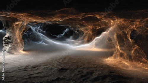 Turbulent ocean waves crashing against rocky cliff at night