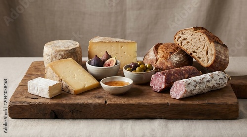 Gourmet charcuterie board with artisanal cheese, cured meats, olives, figs, and crusty bread