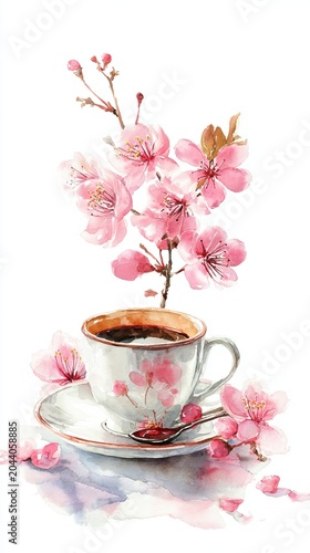 A delicate watercolor painting of a coffee cup adorned with pink cherry blossoms, accompanied by blossoming branches and scattered petals on a white background.