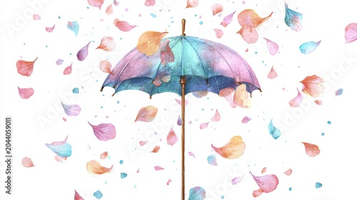 A pastel-colored umbrella shelters from falling autumn leaves in soft hues of orange, pink, and blue on a white background.