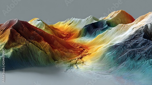 Vibrant abstract landscape with layered mountain ridges and water reflection