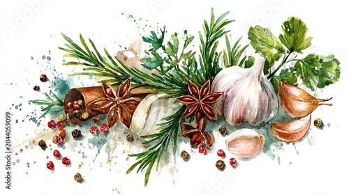 A watercolor illustration of fresh garlic, star anise, rosemary, cinnamon, peppercorns, and herbs scattered on a white background.