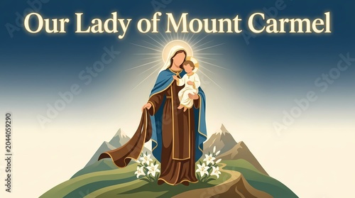 Our lady of mount carmel illustration with virgin mary holding baby jesus, brown scapular, and lilies on a mountain background