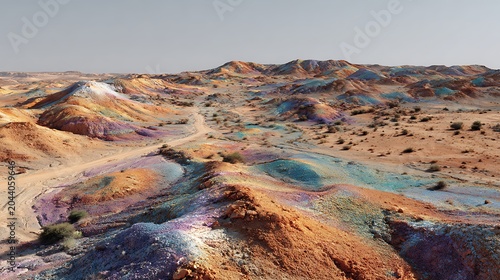 Vibrant layered rock formations with turquoise water pool in desert canyon