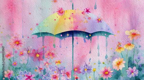 A pastel-colored umbrella shields a field of blooming flowers from falling raindrops, blending nature's beauty with a dreamy watercolor effect.