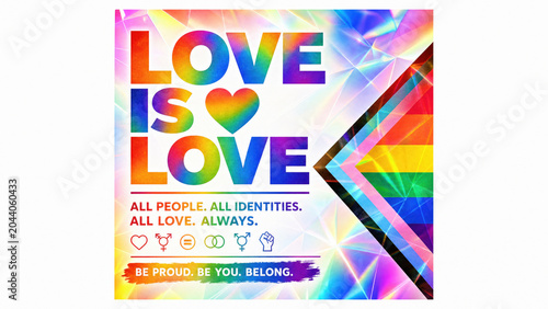 Love is love message with rainbow heart and pride month colors celebrating all identities and love with vibrant background and inclusive symbols