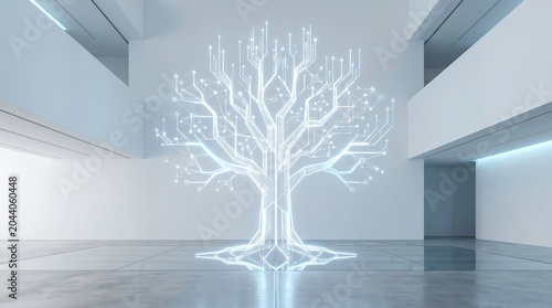 Glowing Digital Tree in White Room Abstract Concept Art