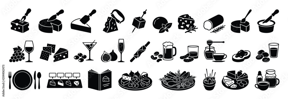 Obraz premium Set of cheese and appetizer icons. Food, drink, gourmet snack, charcuterie, bar, restaurant menu symbol collection. Solid pictogram for web and print.