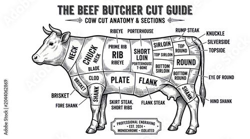 Fotografía The Beef Butcher Cut Guide: Cow Anatomy & Sections Illustration