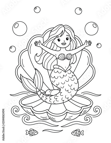 Schilderij op canvas Mermaid adorable sea princess resting inside a giant shell in a magical coloring
