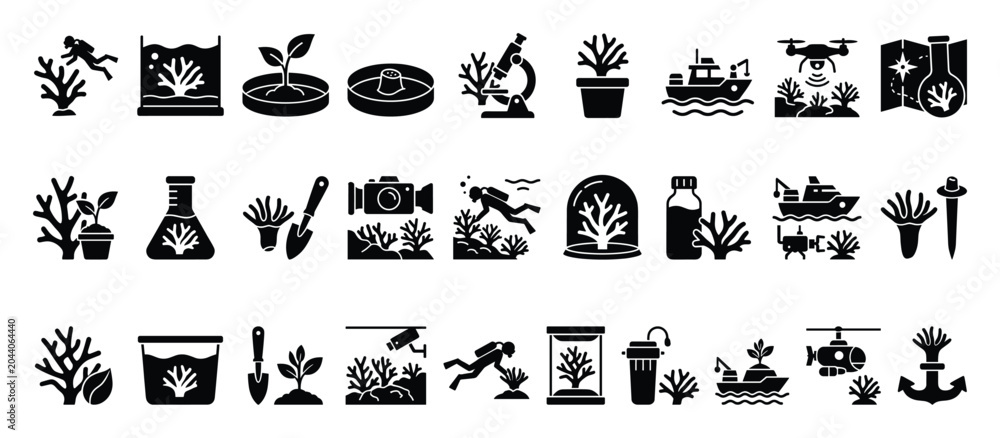 Naklejka premium Set of coral reef icons. Marine biology research, underwater exploration, ocean conservation symbols. Scientific study, aquatic ecosystem flat vector glyphs.