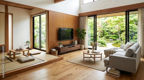 Modern minimalist living room blending traditional tatami and contemporary furniture with natural light