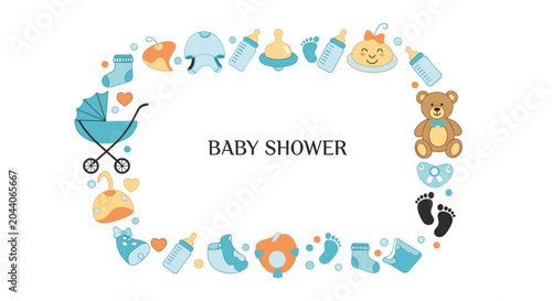 Cute baby shower greeting frame composed of infant-themed icons like strollers, bottles, teddy bears, and baby clothing.