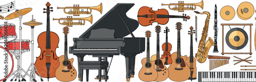 Photos Large Collection of Musical Instruments with Piano, Guitar, Violin, Drums, Trump