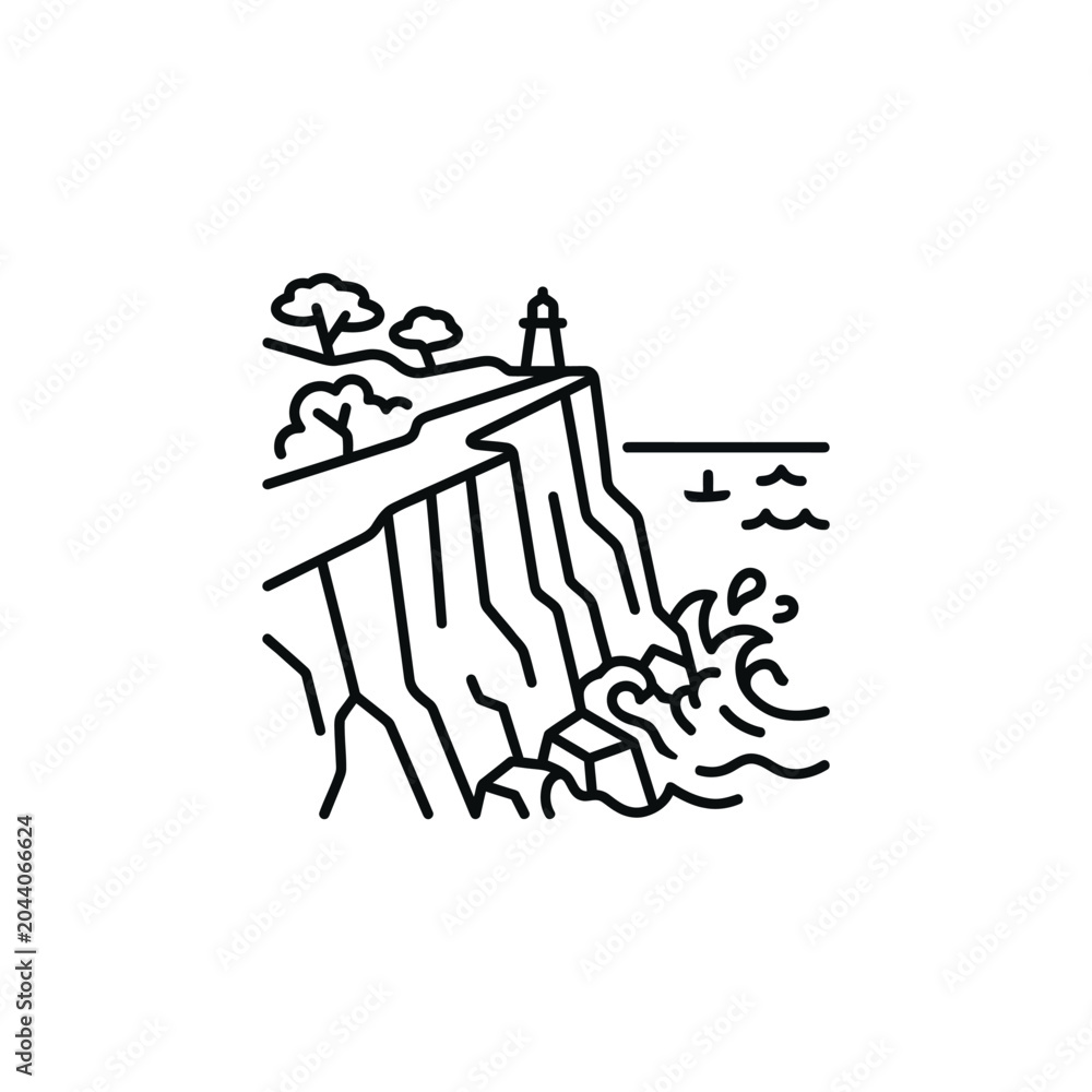 Fototapeta premium Lighthouse on a high cliff with crashing sea waves.