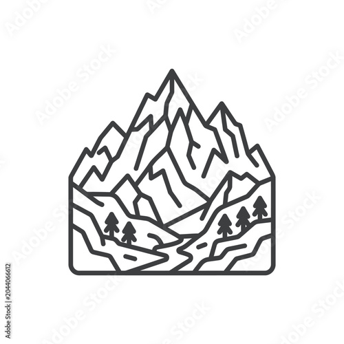 Hexagonal line art mountain peak with forest and river.