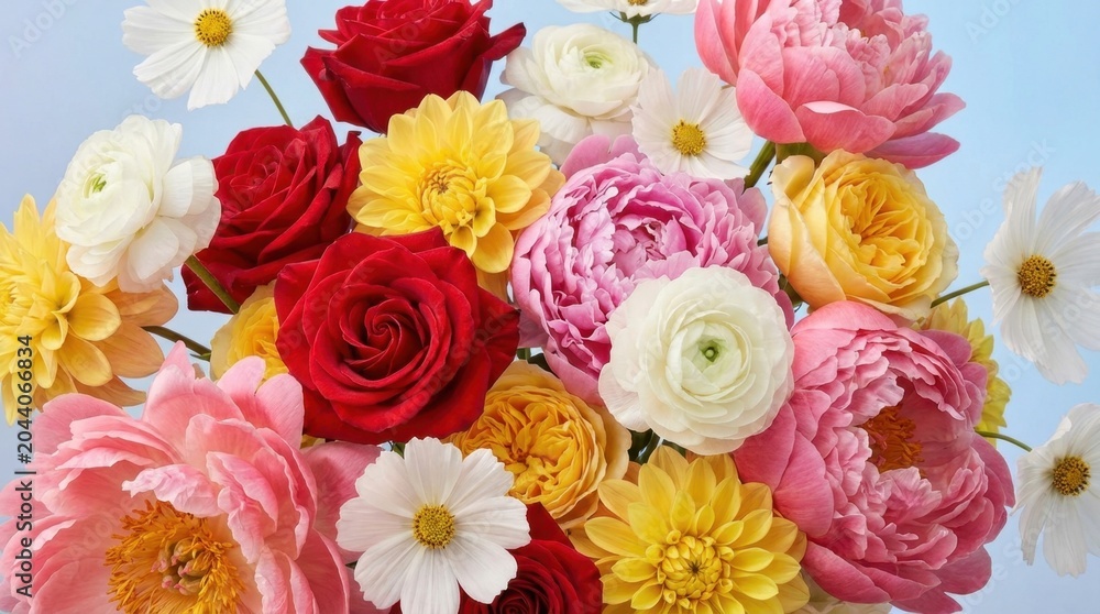 Fototapeta premium Vibrant Bouquet of Mixed Flowers - Roses, Peonies, and Daisies in Full Bloom.