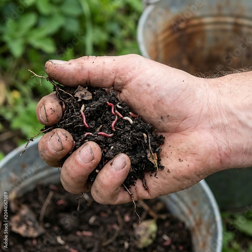 Hands Holding Soil With Earthworms In Garden Compost