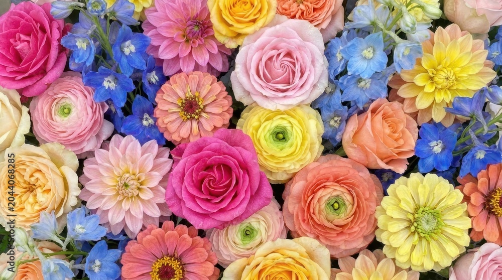 Fototapeta premium Vibrant Floral Arrangement - A Colorful Bouquet of Roses and Blossoms.