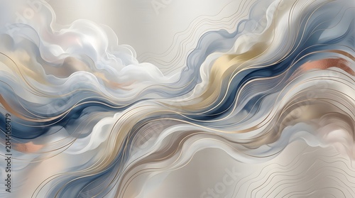 Elegant Abstract Fluid Art with Blue Waves and Gold Line Accents