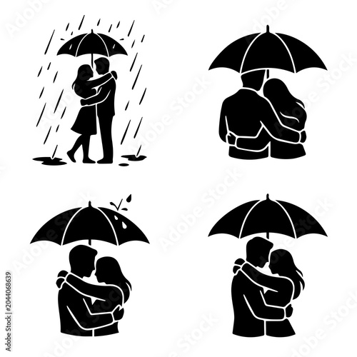 Photos Romantic couple hugging under umbrella silhouette set with silhouette, umbrella