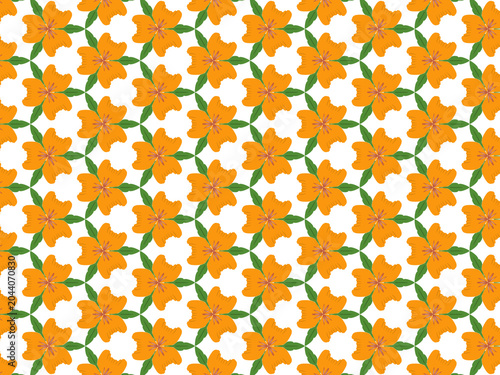 A bold and vibrant seamless repeat pattern featuring large tropical-style orange flowers with ruffled petals and delicate red-orange stamens, arranged in a structured diagonal grid.