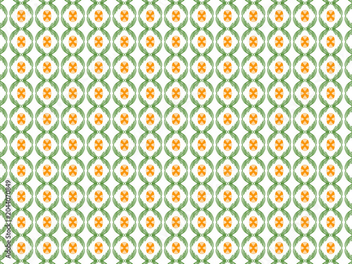 A vibrant and refreshing seamless repeat pattern featuring a flowing vertical ogee lattice framework formed by elegant curved feathery green brush strokes, creating a chain of interlocking oval frames