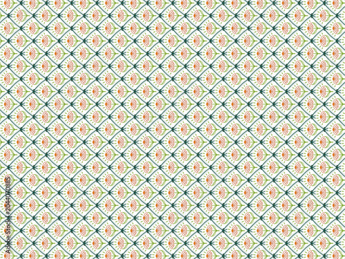 A charming and delicate seamless repeat pattern combining a precise diagonal diamond trellis grid in deep teal with botanical floral motifs inside each cell.