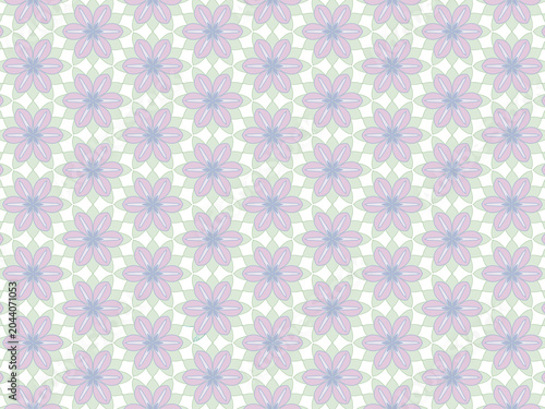 A elegant and structured seamless repeat pattern featuring large geometric flowers with oval petals in soft pink and lavender, accented with light blue petal details and delicate center stars.