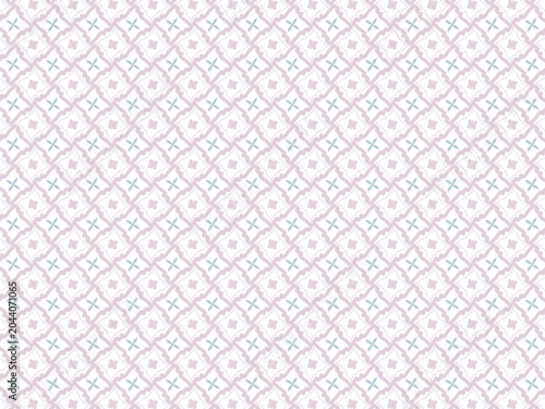 Deskripsi:
A delicate and elegant seamless repeat pattern with a batik-inspired aesthetic, featuring a diagonal diamond lattice formed by soft pink wavy and ruffled lines. 