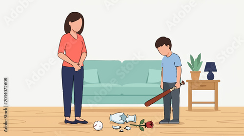 Tableau sur toile Sad boy with baseball bat stands next to broken vase, mother looks on