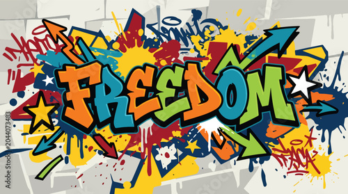 Flat style vector illustration of bold freedom graffiti typography with colorful paint splashes and street art elements, symbolizing creativity, individuality, and urban culture