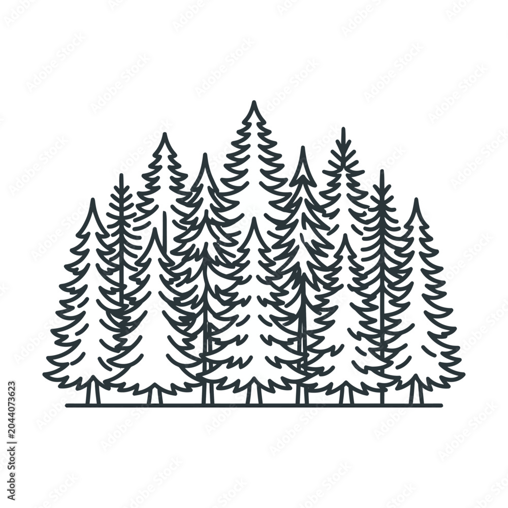 Obraz premium Dense forest of detailed pine trees line illustration.