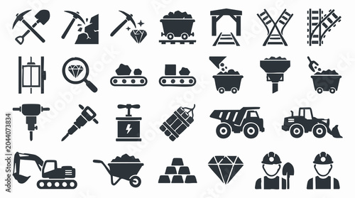 Fotografía Mining industry symbols and tools flat icon set