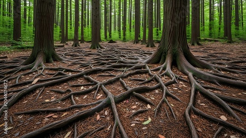Ancient tree roots spreading across forest floor, tangled wooden root system in dense green woodland, natural foundation and growth concept