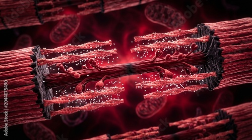 Microscopic view of muscle fibers contracting and releasing energy with mitochondria in the background